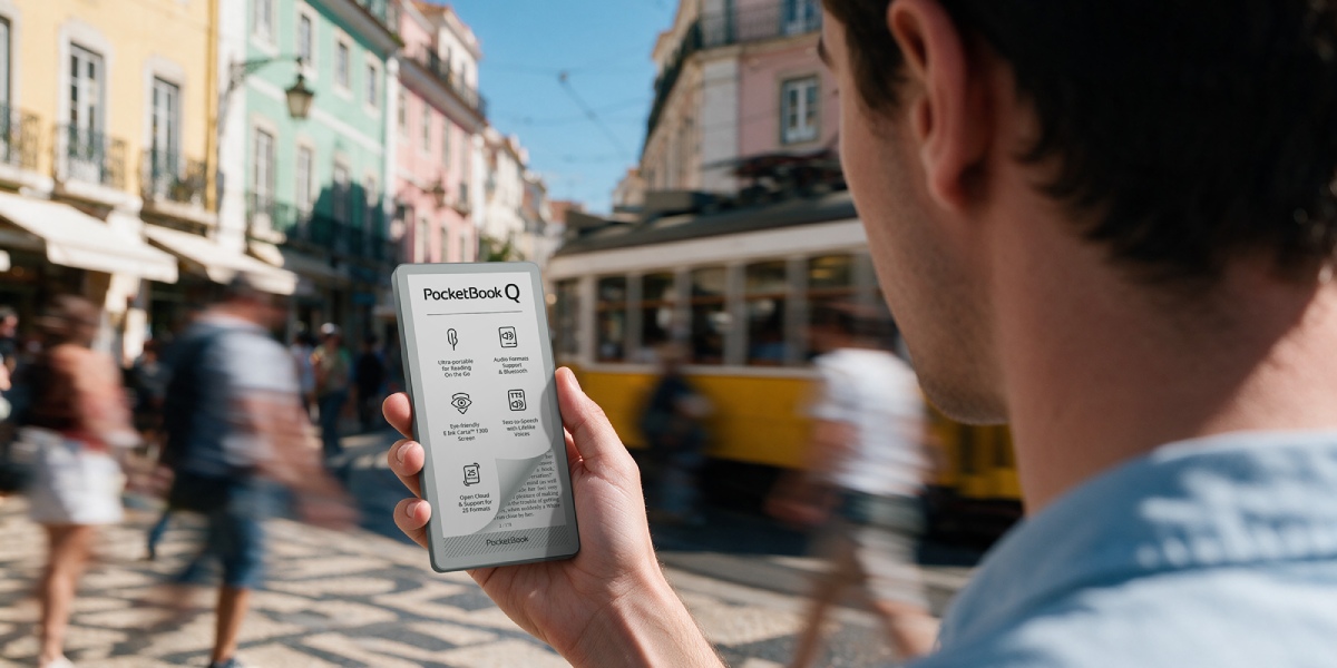 O leitor eletrónico PocketBook Q, do tamanho de um telemóvel, na IFA 2026: Conforto sempre à mão para desintoxicação digital, leitura e audição